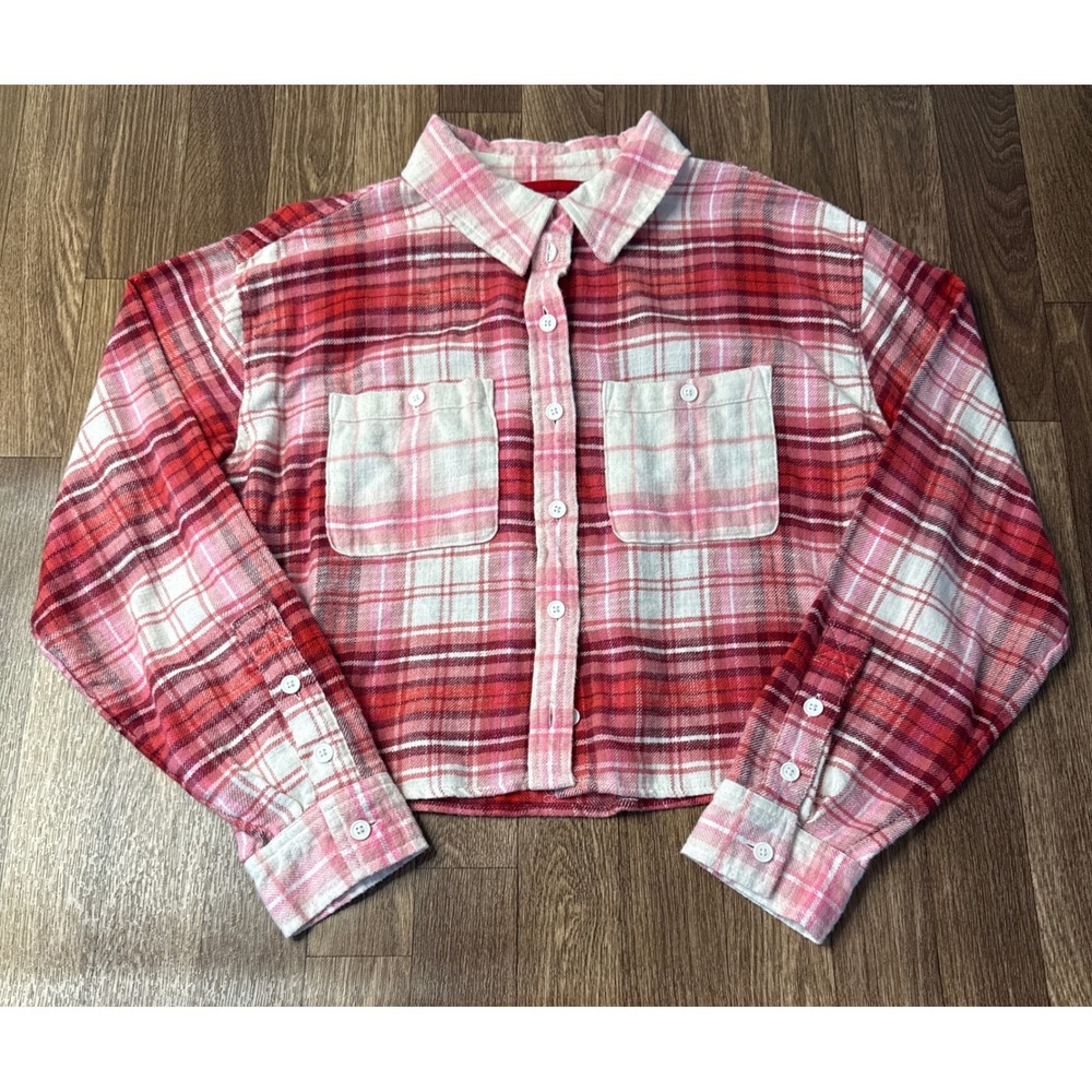 American Eagle Red Pink Plaid Cropped Flannel Shirt Small Boxy Raw Hem 4959